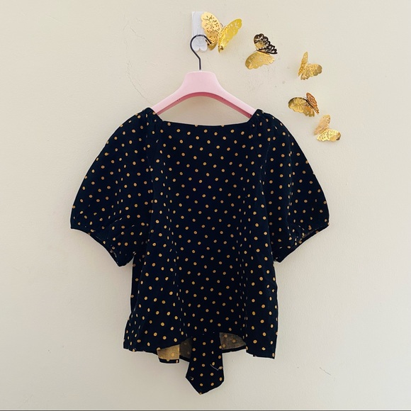 MADEWELL Corduroy Puff Sleeve Wrap Top in Oval Gold Dot (Black) - Picture 3 of 8